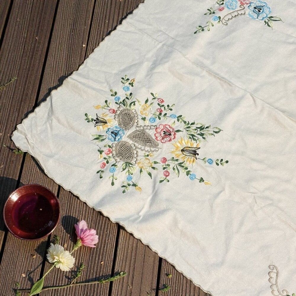 Vintage 63” Square Tablecloth Mid Century White Floral Spring Tea Party Garden